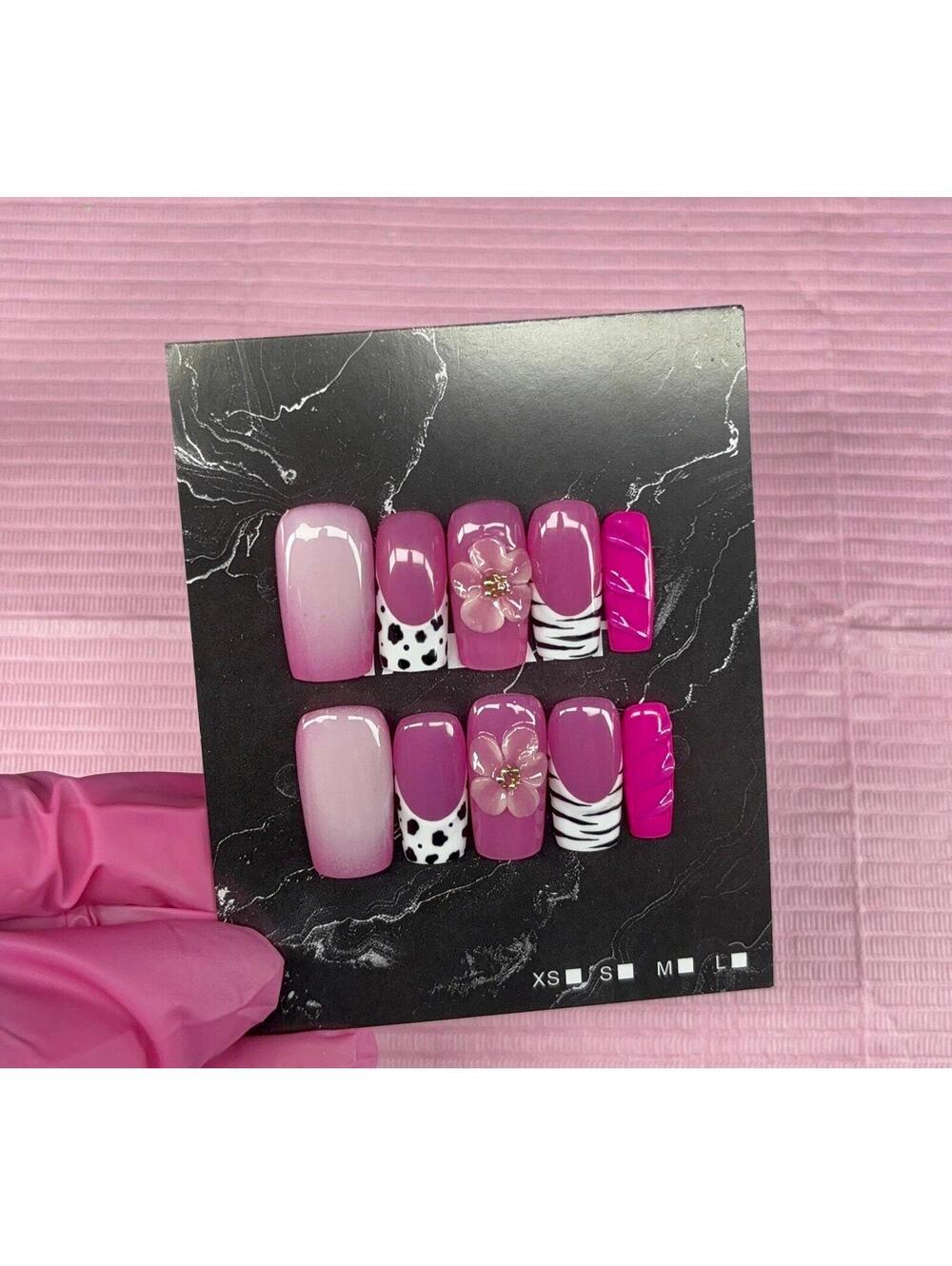 Medium square press on nails animal print 3d gel flower aura